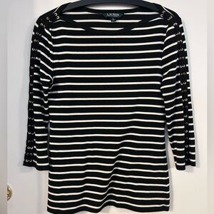 Lauren Ralph Lauren Black and White Striped Long Sleeve Top size M